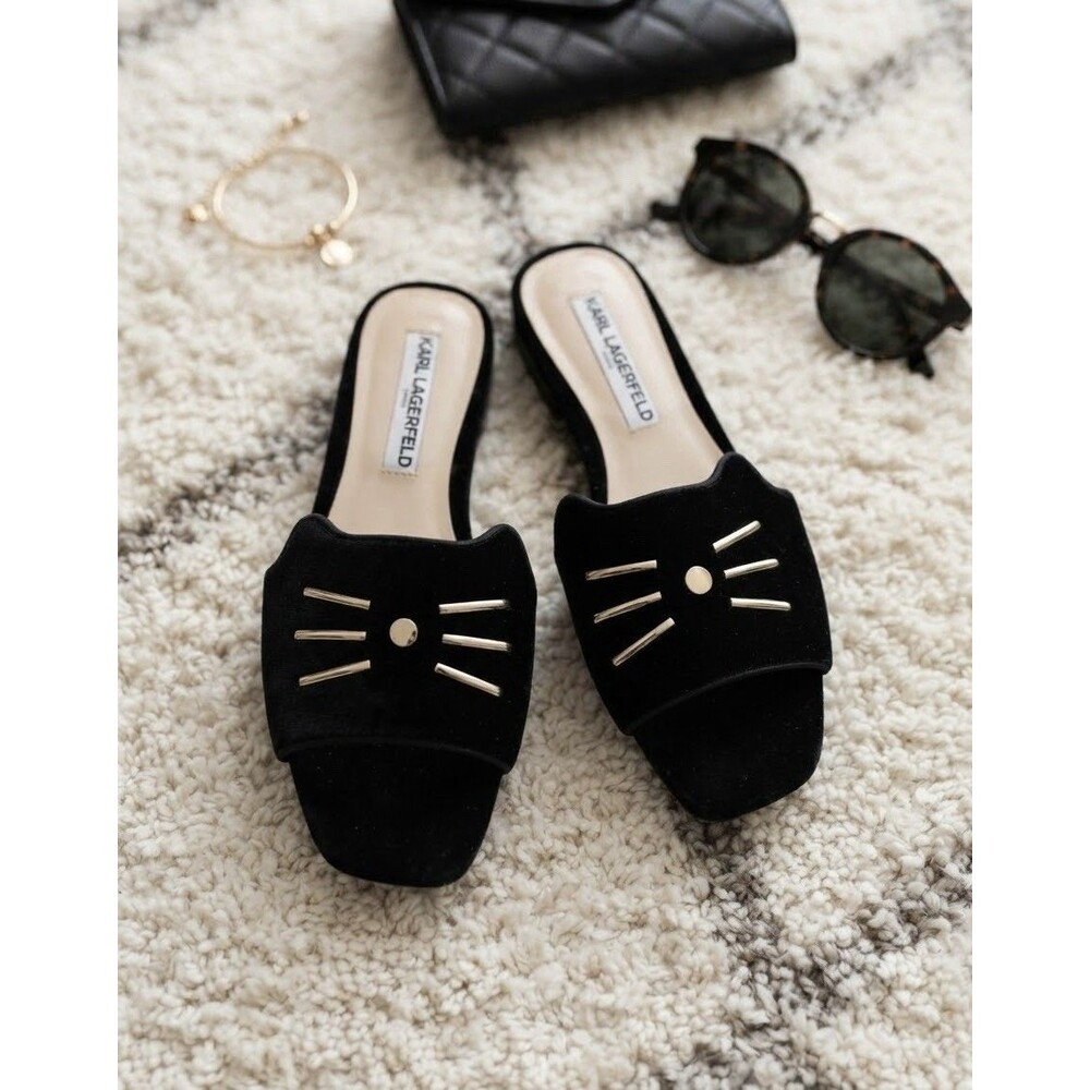 Karl Lagerfeld Black Velvet Cat Face Slide Sandals Women Size 7.5